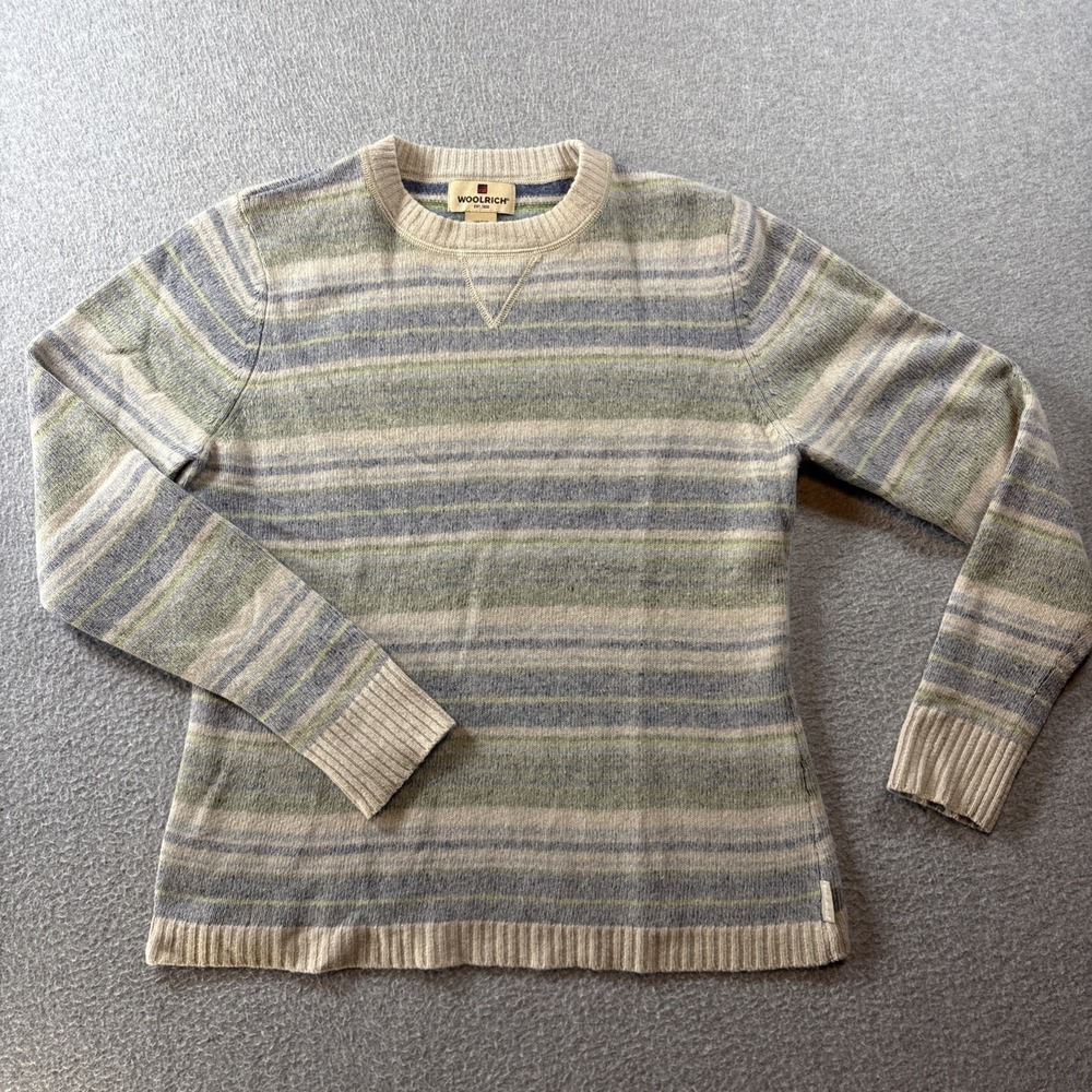 Woolrich Sweater Women's Medium 100% Lambs Wool Striped Blue Green Preppy